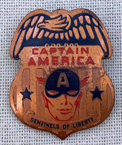 1941 Captain America Sentinels of Liberty Timely Comics Fan Club Copper Pin Superhero Badge