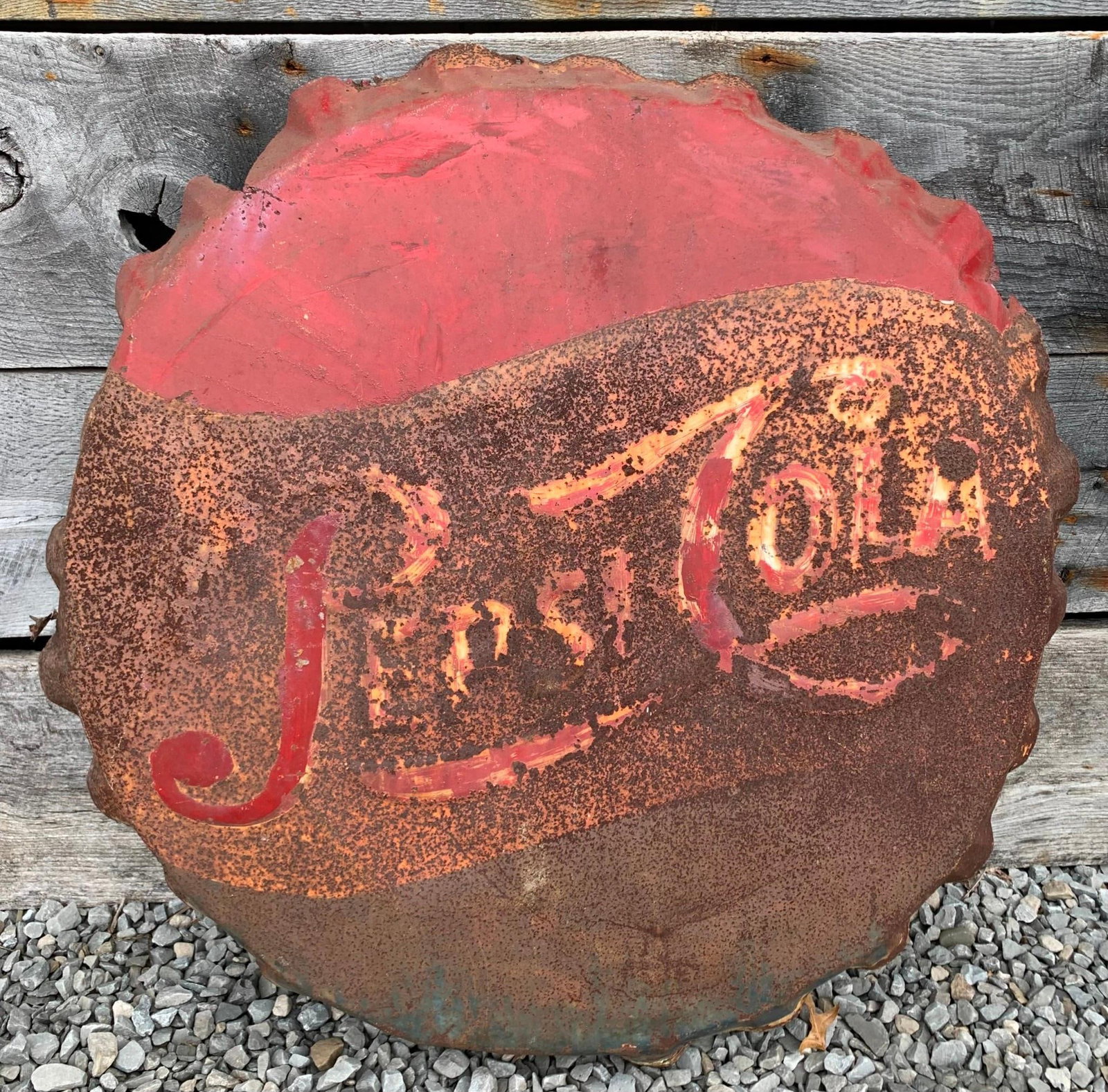 Large Vintage Embossed Metal Pepsi Cola Soda Pop Advertising Bottle Cap Button Sign: 37" x 38" x 3 1/2", age and wear to the metal, fantastic authentic weathered patina, wire for hanging on the rear.