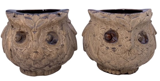 PAIR 1970s Royal Haeger Pottery Owl Hanging Planter Bird Art Sculptures, Vintage Vase Set