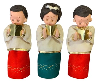 Three Mid Century JAPAN Stocking Face Choir Boys & Girl Christmas Decorations
