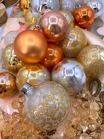 45 pc Mid Century Glittered Pheasants, Mercury Glass Ornaments, Ribbon & Wrapping Paper Collection