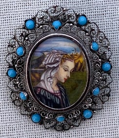 Vintage 800 Silver Filigree Hand Painted Portrait Pendant Brooch