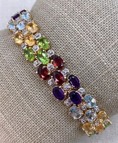 Luxe 25.5 CTW 51 Faceted Gemstone & Diamond Gold Vermeil over Sterling Silver Tennis Bracelet