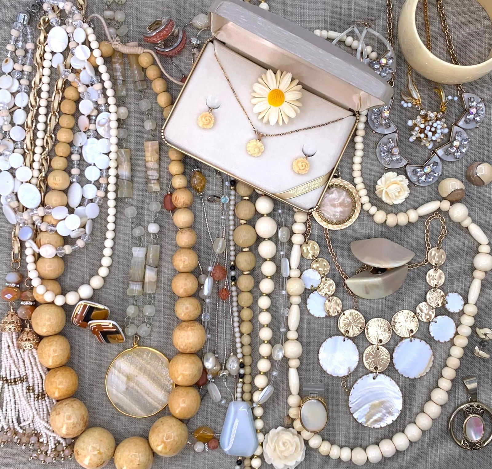 36 pc Natural and Created Jewelry Collectioin: Polished and carved natural material, wood, milk glass, gleaming mother of pearl, sparkling rhinestone, enamel, seed beads, composite, 14k Gold overlay, etched Mayan pendant and more!