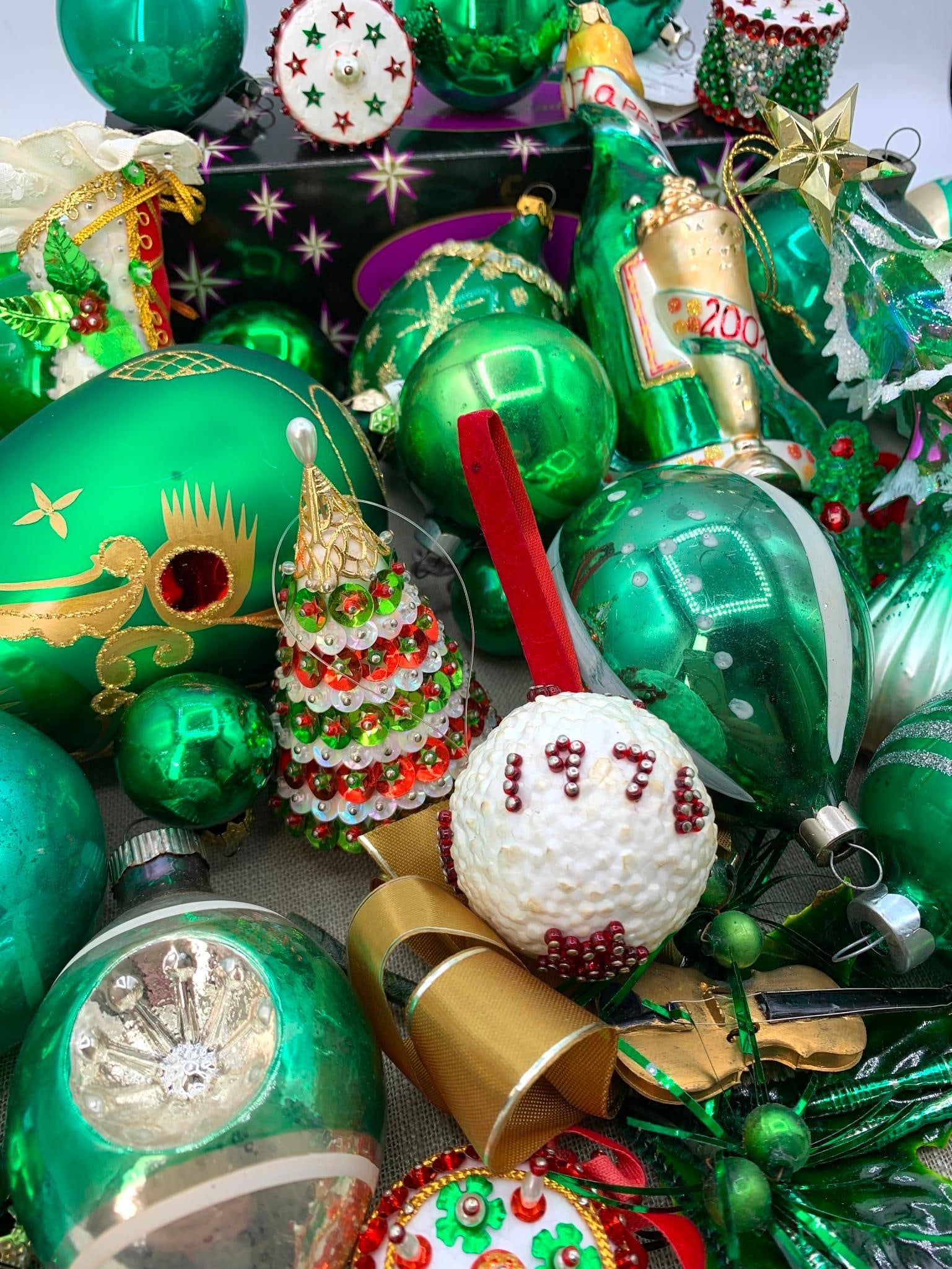 53 pc Vintage West Germany, RADKO, Shiny Brite, Poland, Rauch Emerald Christmas Ornament Collection: Japan, West Germany, USA, Radko, Poland, Shiny Brite embossed caps, pierced and pinned vintage handmade ornaments (one dated 1976), Mercury Glass, composite, satin wrapped, metallic foil, Radko champa
