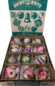 12 Mid Century Mercury Glass Christmas Ornaments in Large Shiny Brite Box