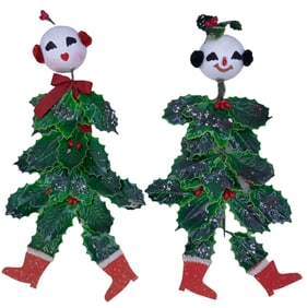 Pair Mid Century Lee Wards Dexter JAPAN Wired Holly Leaf Snow Couple Christmas Decorations