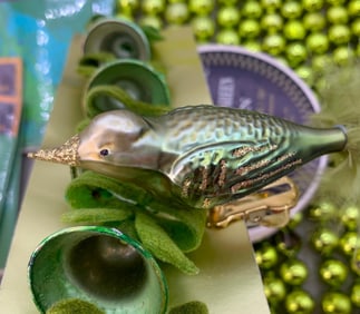 77 pc Antique to Vintage Lime Green Mercury Glass Garland, Feathered Birds, NOS Ribbon, Tags & Bells