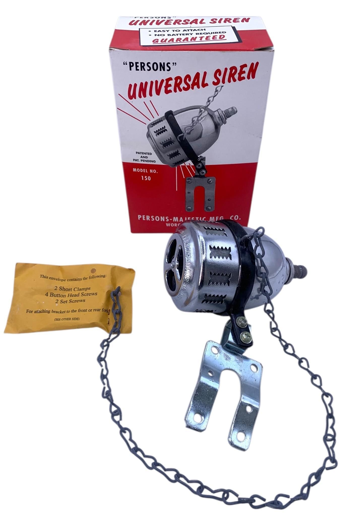 New Old Stock Persons-Majestic Mfg. Co. Universal Bicycle, Motorcycle, Siren in the Box: Unused, with the original box, chain and envelope of hardware.