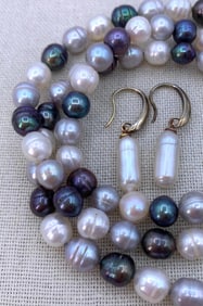 Slate Gray, Smoke, Peacock, Snowy White Ringed Freshwater Pearl Necklace, Bracelet, Baroque Earrings