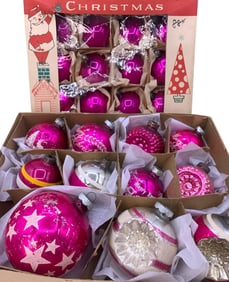 23 Mid Century Magenta Pink Mercury Glass Christmas Tree Ornaments in Early Boxes
