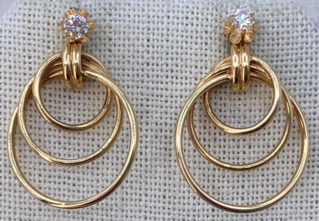 14k Yellow Gold Spiral Earring Jackets & 14k Gold Pierced Sparkling CZ Solitaire Earrings: Gorgeous sparkling 3mm round prong set CZ gems in 14k gold framework, 14k hallmarked posts, 14k hallmarked gold spiral earring jackets, 2.1 gram combined weight, 1 1/4" total length.