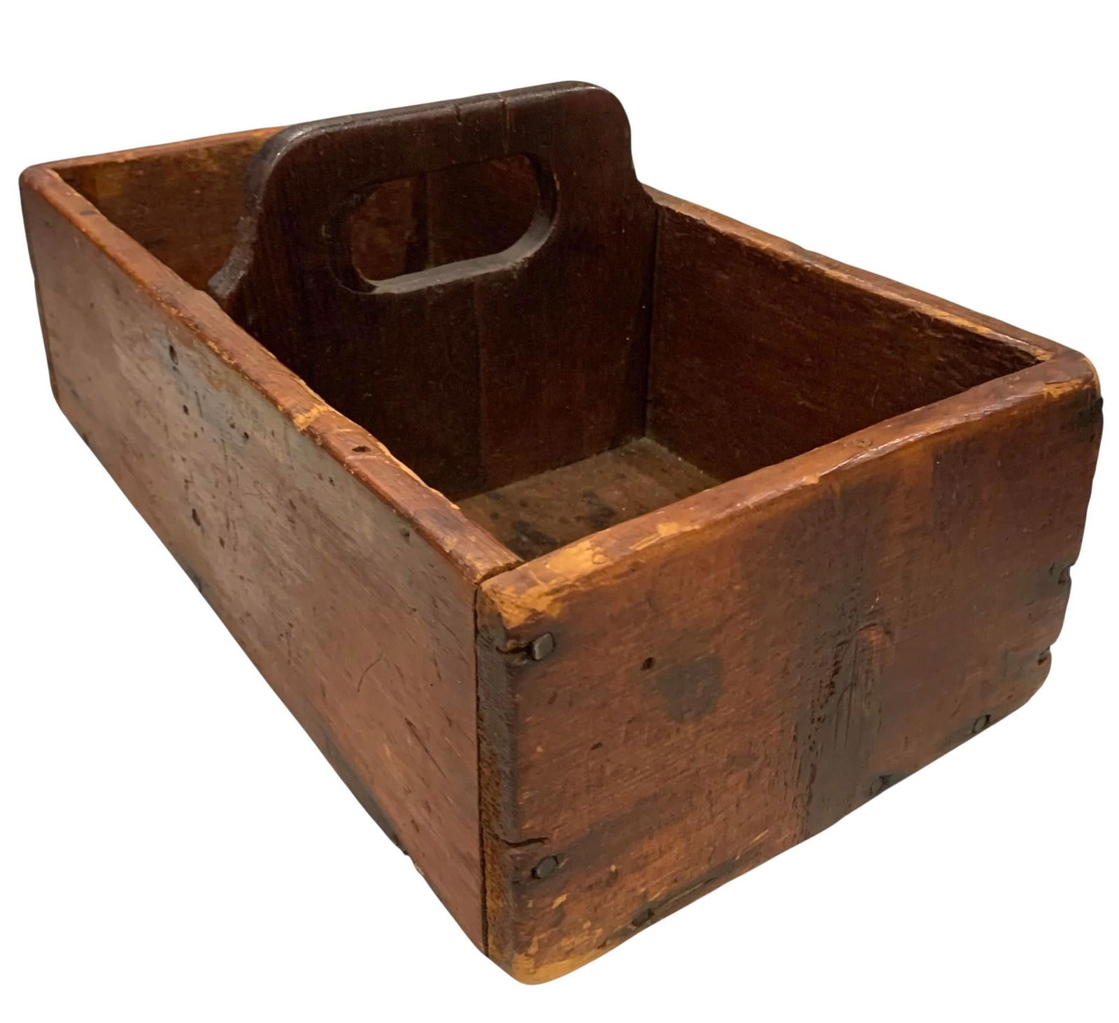 Antique Primitive Square Nail Farmhouse 2 Sided Bin Handled Wood Storage Caddy: 14" x 7 1/2" x 6", early square nail construction, rich patina to the wood, structurally sound.