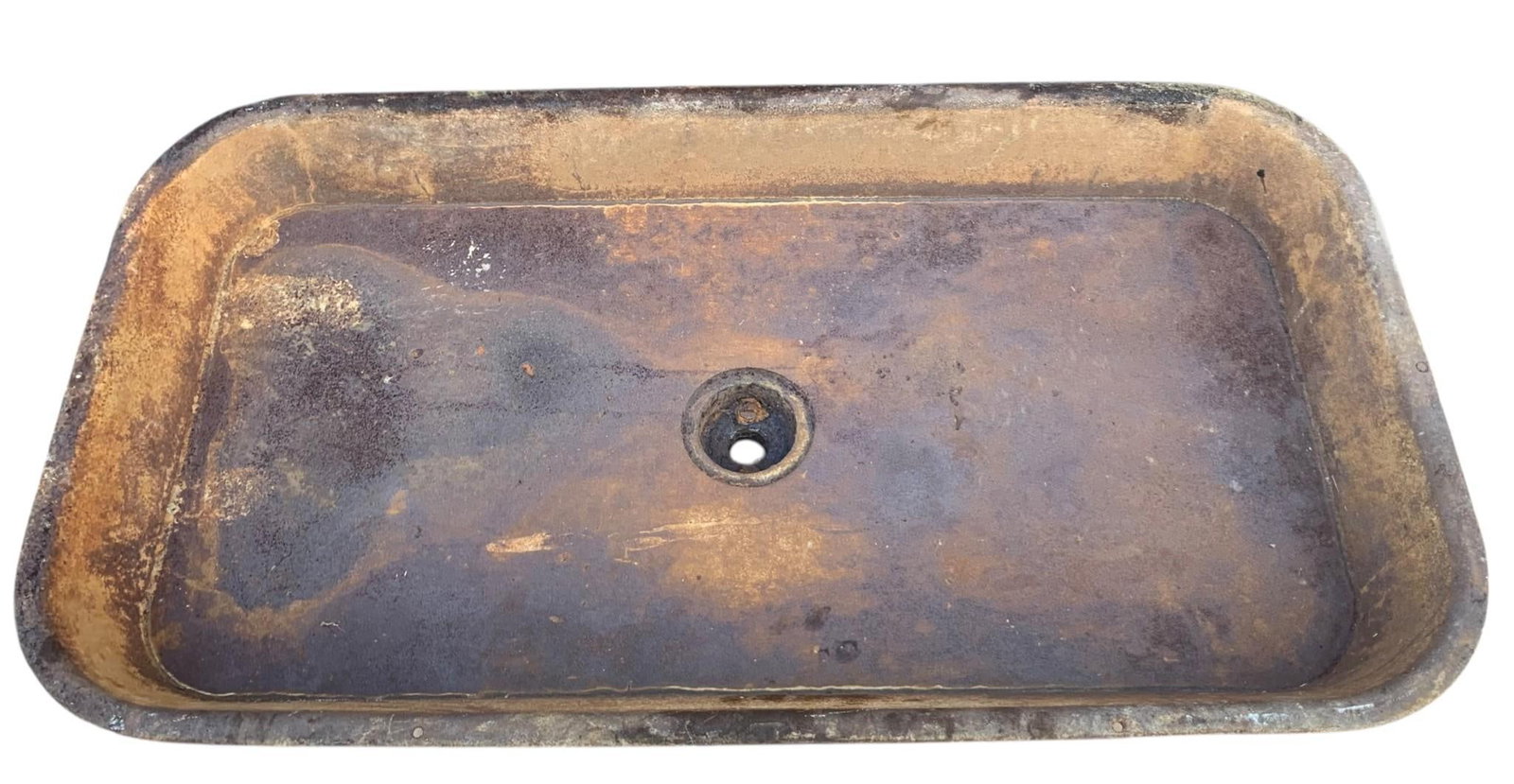 Long & Shallow Antique Primitive Gate Marked Poured Cast Metal Farmhouse Sink: 40" x 4 1/2" x 21 1/2", central drain opening, mounting holes along the lip, pair of gated mold marks on the underside, structurally sound with a fantastic patina.