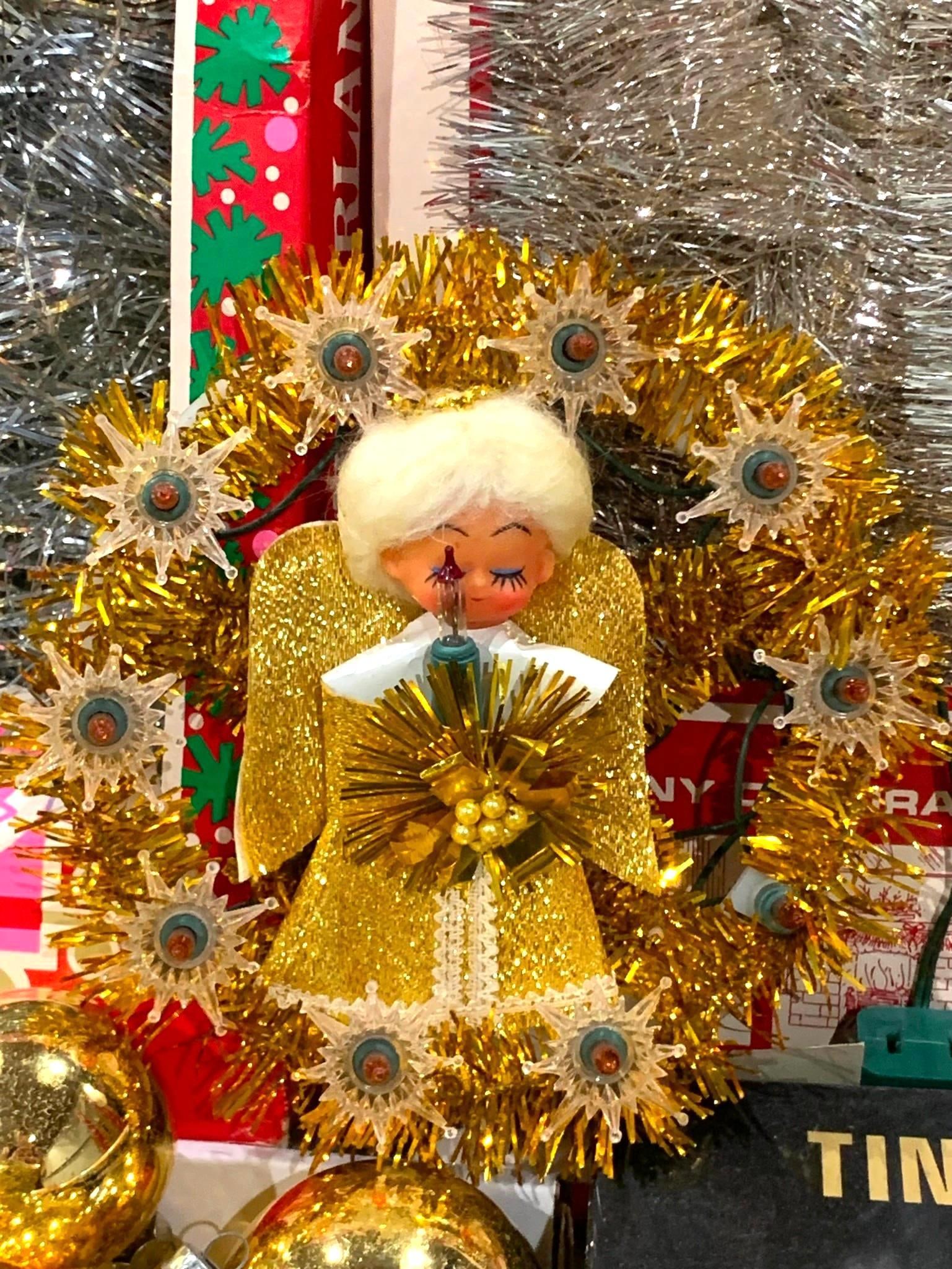 40 pc Vintage Lit Angel, Gold Mercury Glass Ornaments, Metallic Garland, Moon Wrapping Paper Lot: Fab vintage Christmas collection including a 1970s slow blinking angel tree topper, 3 boxes of vintage metallic silver garland, 4 1980s NOS rolls of Crescent moon Holiday wrapping paper, large 8" ambe