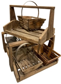 8 Antique Primitive Handled Harvest Berry Totes & Vintage Wood Slat Bentwood Farmhouse Baskets