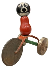 Old c1930s Wood Body Metal Wheel Gong Bell Child's Pull Toy
