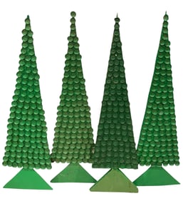 4 Folk Art Handmade Vintage Metal Bottle Cap & Wood Christmas Tree Holiday Decorations