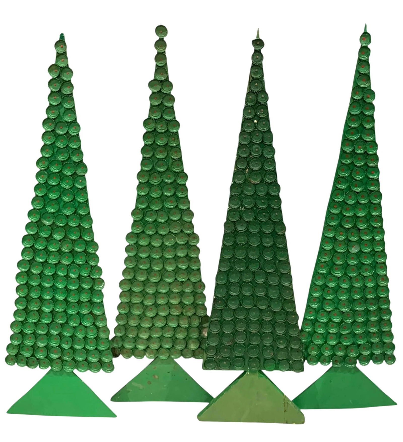 4 Folk Art Handmade Vintage Metal Bottle Cap & Wood Christmas Tree Holiday Decorations: 35" x 11" x 1/2", Wood and early pressed wood board foundation each covered in old metal bottle caps, hand painted red detail on some, three with display locations on the rear, one tree crafted on thi