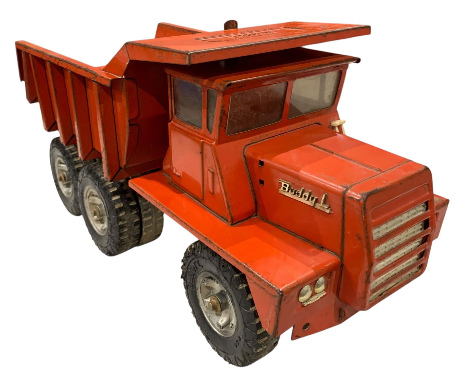 Old Buddy L Steel Hydraulic Tandem 10 Wheel Vintage Dump Truck Toy: Hefty in weight, quality crafted, Buddy L embossed tires, working tilt dump bed, 20 1/2" x 10" x 7".
