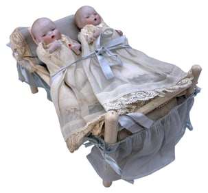 Antique Miniature TWIN Baby Girl & Boy Bisque Dolls in Early Wood Bed