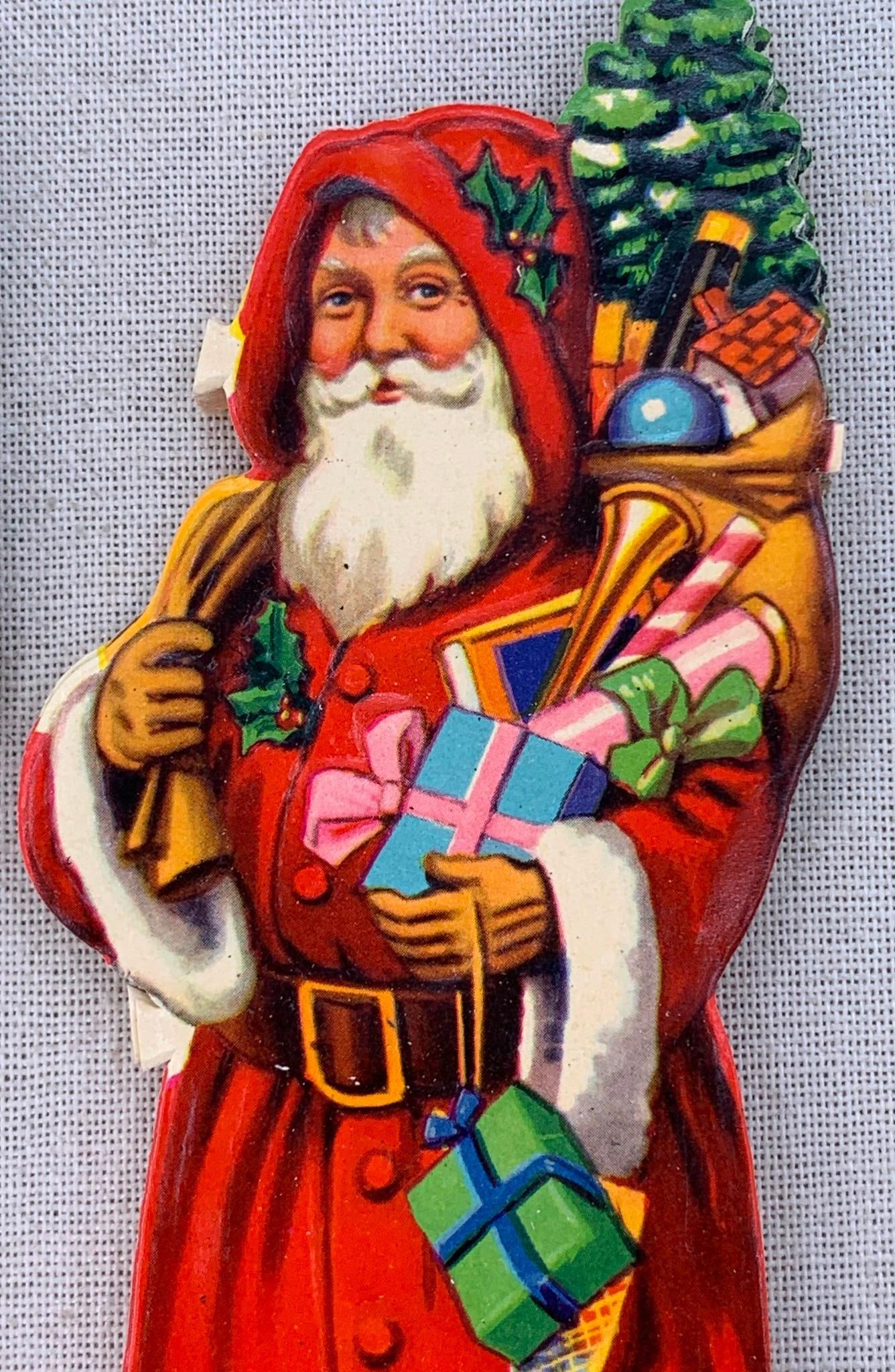 95 NOS Vintage Made in England Santa Claus Old World Christmas Holiday Die Cut: 8" tall, 95 pcs of vividly colored Deadstock Santa Die Cut paper figurines, each marked made in England, Unused.