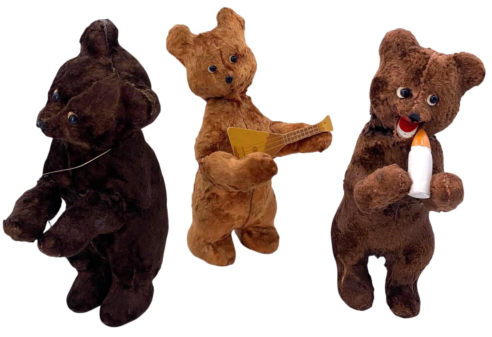 3 Charming Vintage Key Wind Mechanical Russian Articulated Bear Toys: 9 1/2" tall, each move when wound with the included Key, areas of age wear to the materials.