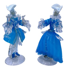 PAIR Mid Century MURANO Azure Blue, Gold, Clear, Milk Art Glass Venetian Dancing Couple Sculptures