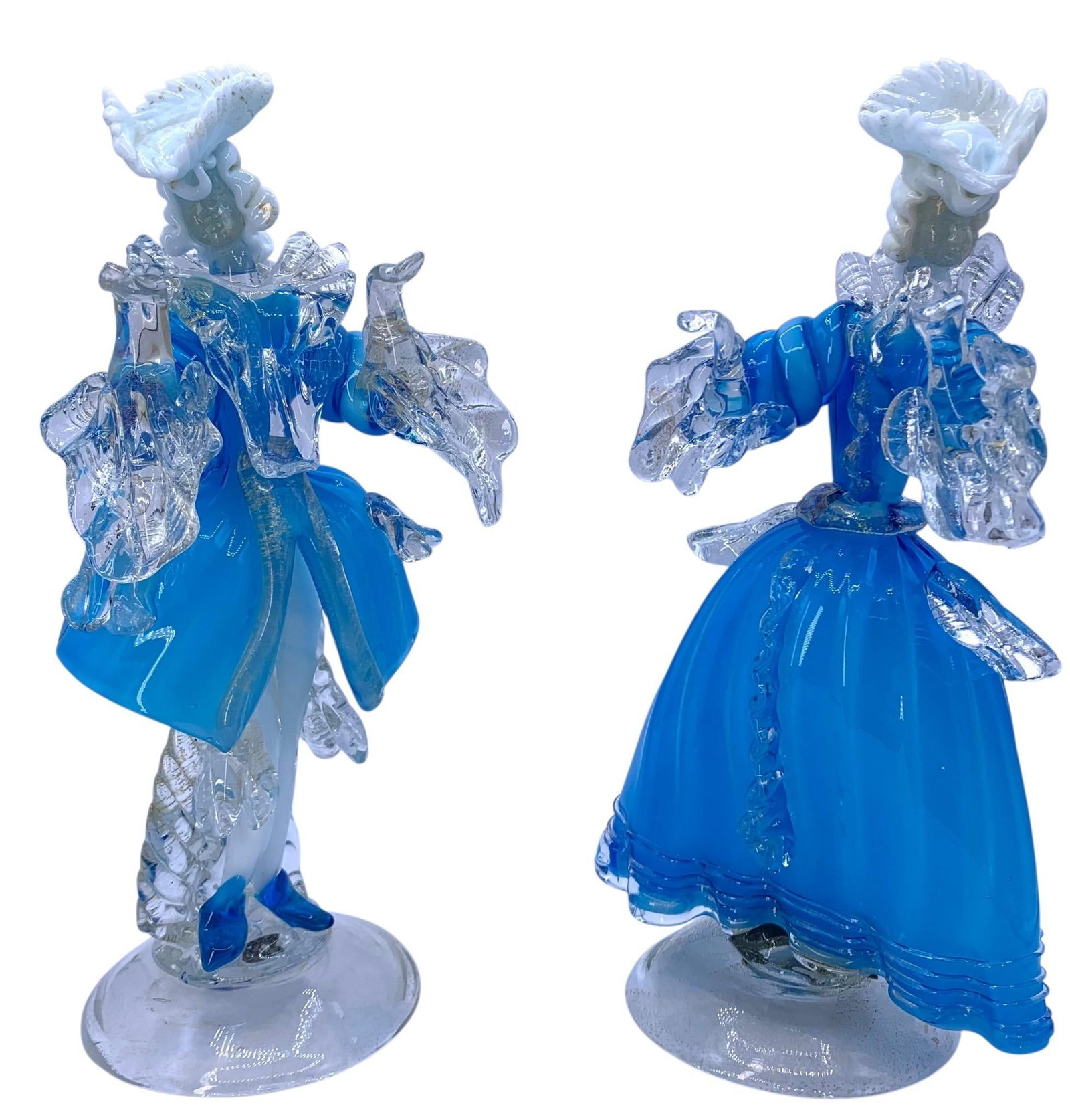 PAIR Mid Century MURANO Azure Blue, Gold, Clear, Milk Art Glass Venetian Dancing Couple Sculptures: 10 3/4" to 10 5/8", electric azure blue, glimmering gold, clear and milk glass, no structural issues, Incredible workmanship.