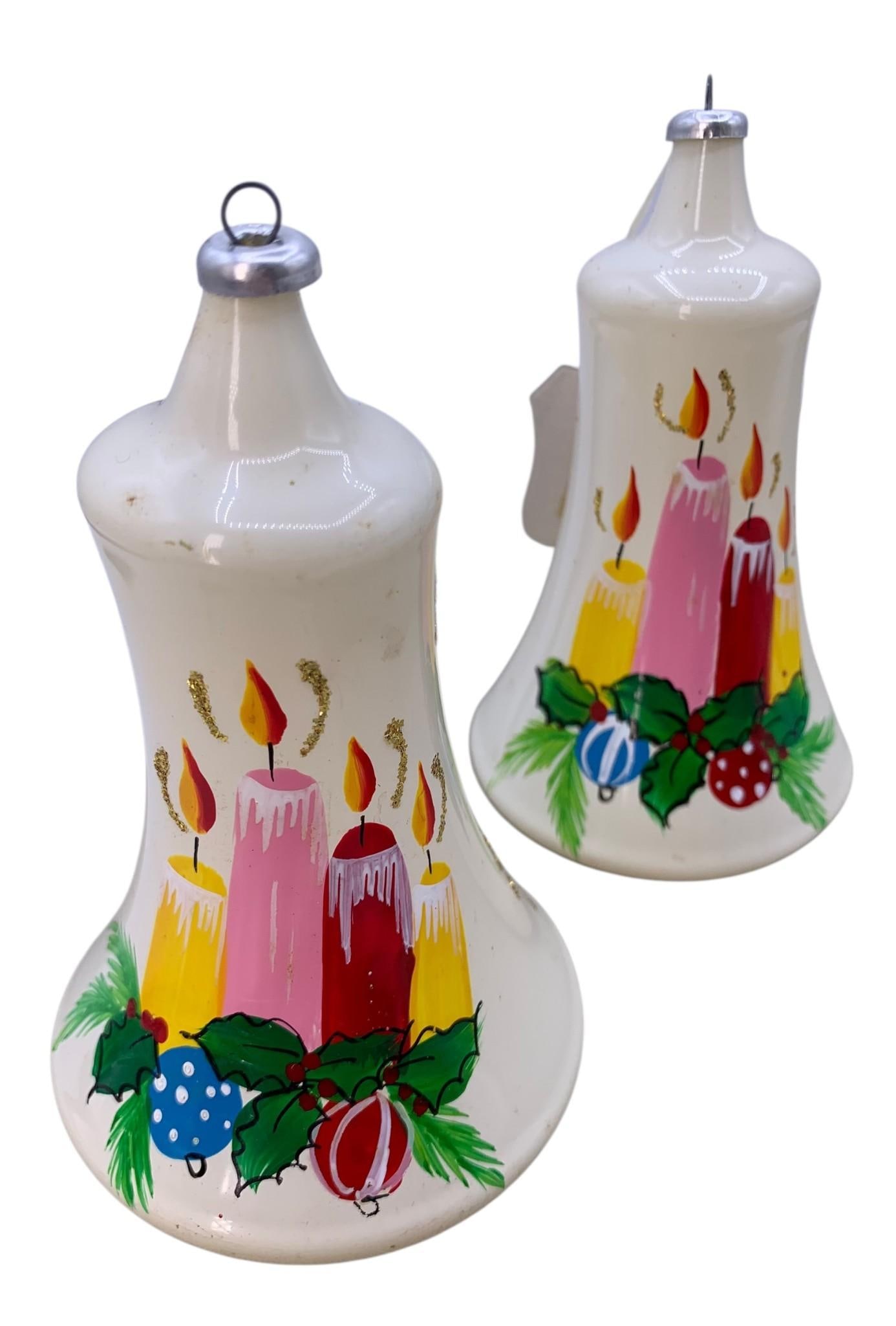 35 pc Vintage Italy, West Germany, Columbia, Shiny Brite Vintage Pink Glass Christmas Tree Ornaments: Pair of large MCM 5" hand painted Italian glass bells, 8" candy pink feather, chenille and glass Italian flamingo ornament, variety of glitter trimmed West Germany bells, striped, ombre, stenciled gla