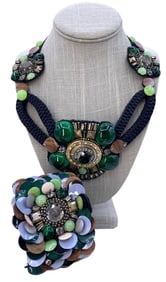 Custom Made Silk & Leather Dragon Scale Artisan Bib Statement Necklace & Wide Cuff Bracelet