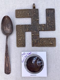 Large Antique Good Fortune Peace Swastika Symbol Pendant, Spoon,1910 Good Luck Boy Scouts Shoe Coin