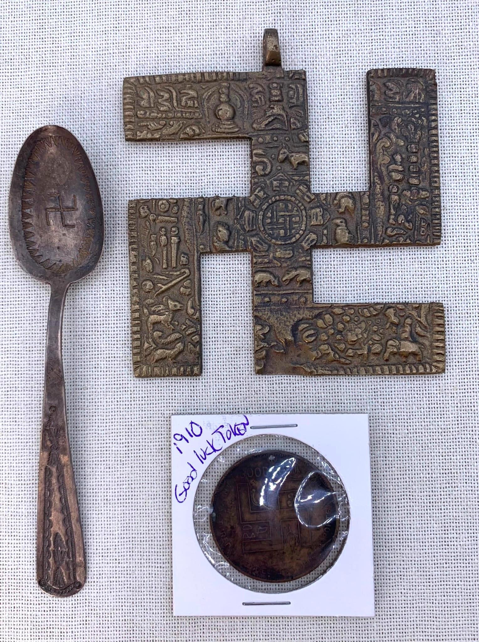 Large Antique Good Fortune Peace Swastika Symbol Pendant, Spoon,1910 Good Luck Boy Scouts Shoe Coin: 1) 3 5/8" x 3 1/4" embossed brass swastika good fortune pendant2) Native American embossed 4 7/8" coin silver swastika spoon3) 1910 The Original Boy Scout's Shoes for Boys Good luck co