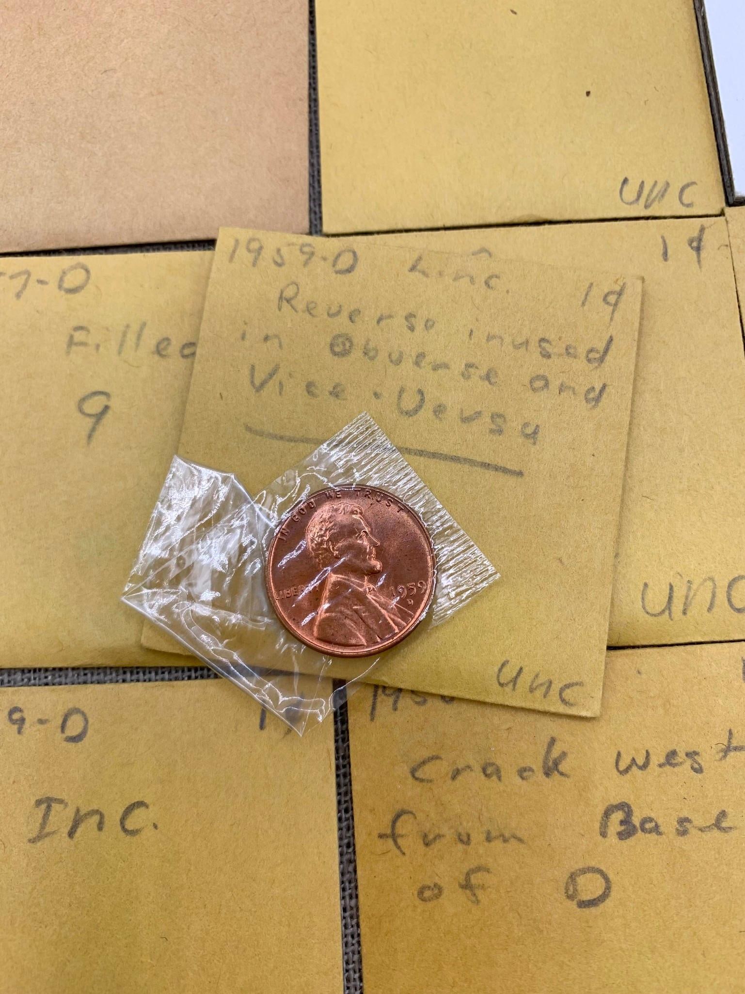 72 pc 1911-1962 Lincoln Penny Error, Oddities, 1 cent US Coin collection: Vintage composite storage case included, hand writing on the paper coin envelopes.