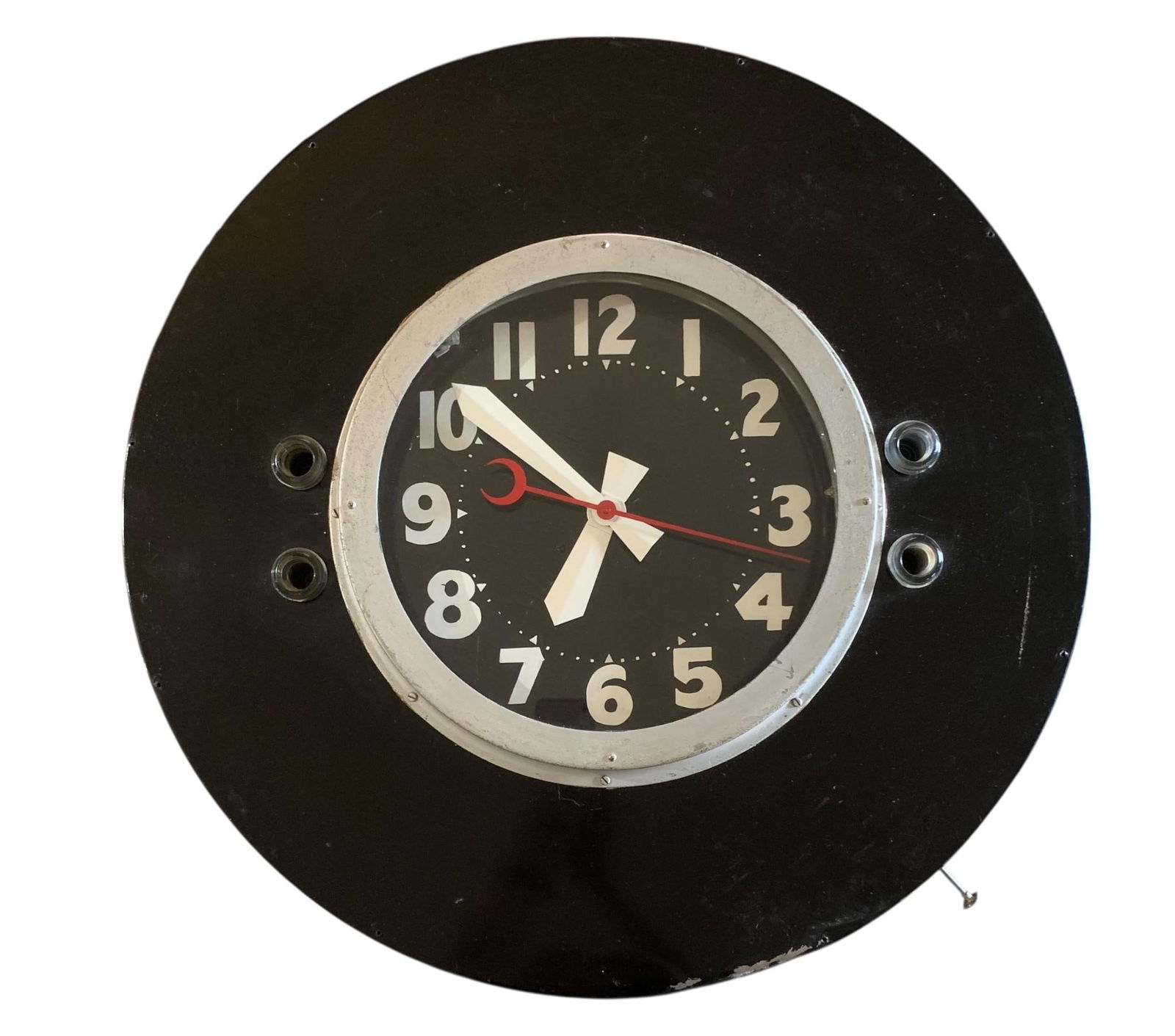 Working Art Deco 1930s Large Metal Cleveland Clock with Neon Light Components: 27" x 7", the clock works when plugged in, raven black enamel metal housing, glass lens, neon light components shown.