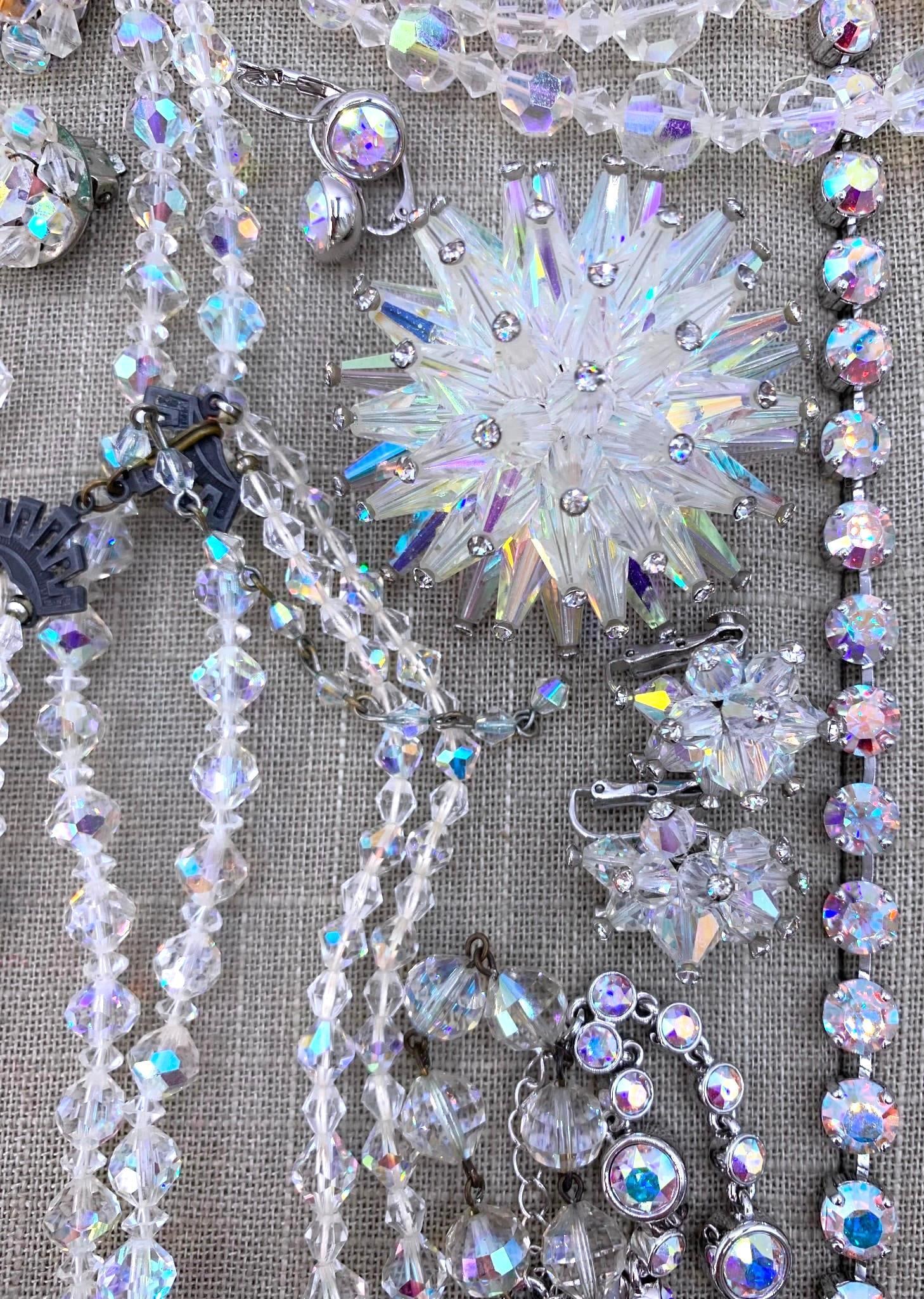 47 pc Mid Century Aurora Borealis, Swarovski Touchstone Crystal, Sparkling Jewelry Collection: Dramatic Vendome, Coro, Lady Ellen (with jewel case), Laguna, Austria and UNWORN Touchstone Crystal by Swarovski (4 with boxes), each with superb sparkle and glam, a radiant 10 1/2" silver sequin even