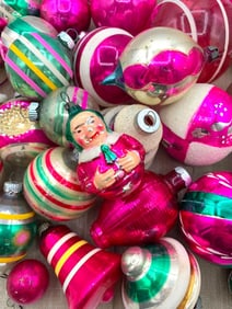 39 Vintage Poland, Shiny Brite Magenta & Emerald Mercury Glass Christmas Tree Ornaments