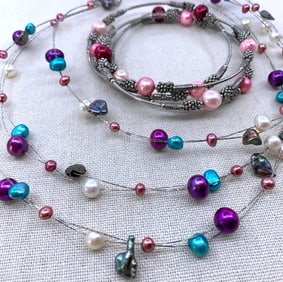 Artisan Made Floating Freshwater Baroque Pearl Illusion Necklace & Upper Arm Wrap Bracelet