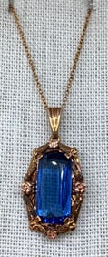 Antique 10k Gold Large Sapphire Glass Art Nouveau Lavaliere Necklace Pendant & 10k Gold Chain