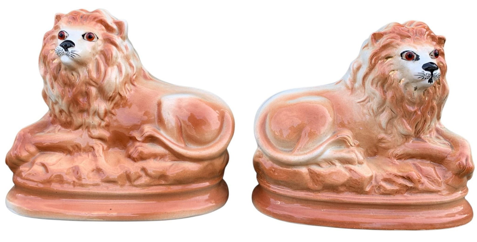 Pair Antique Staffordshire Recumbent Lion Parlor Mantel Statues: Each structurally sound with hand painted features, inset eyes, 11" x 9" 1/2" x 5 1/2".