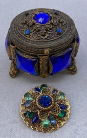 Ornate West Germany Cobalt Jeweled Footed Velvet Lined Jewelry Casket & Opulent Mid Century Brooch