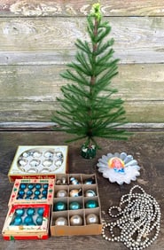 50 pc Ethereal Feather Tree, Vintage Azure & Silver Mercury Glass Ornaments, Garland & Angel Topper