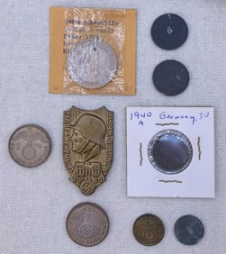 WWII era German Coins, 1939 Military Soldier Badge & Reichskrieg Battle Flag