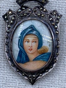 800 Silver Marcasite Gem Hand Painted Vintage Porcelain Portrait Shield Brooch, Pendant