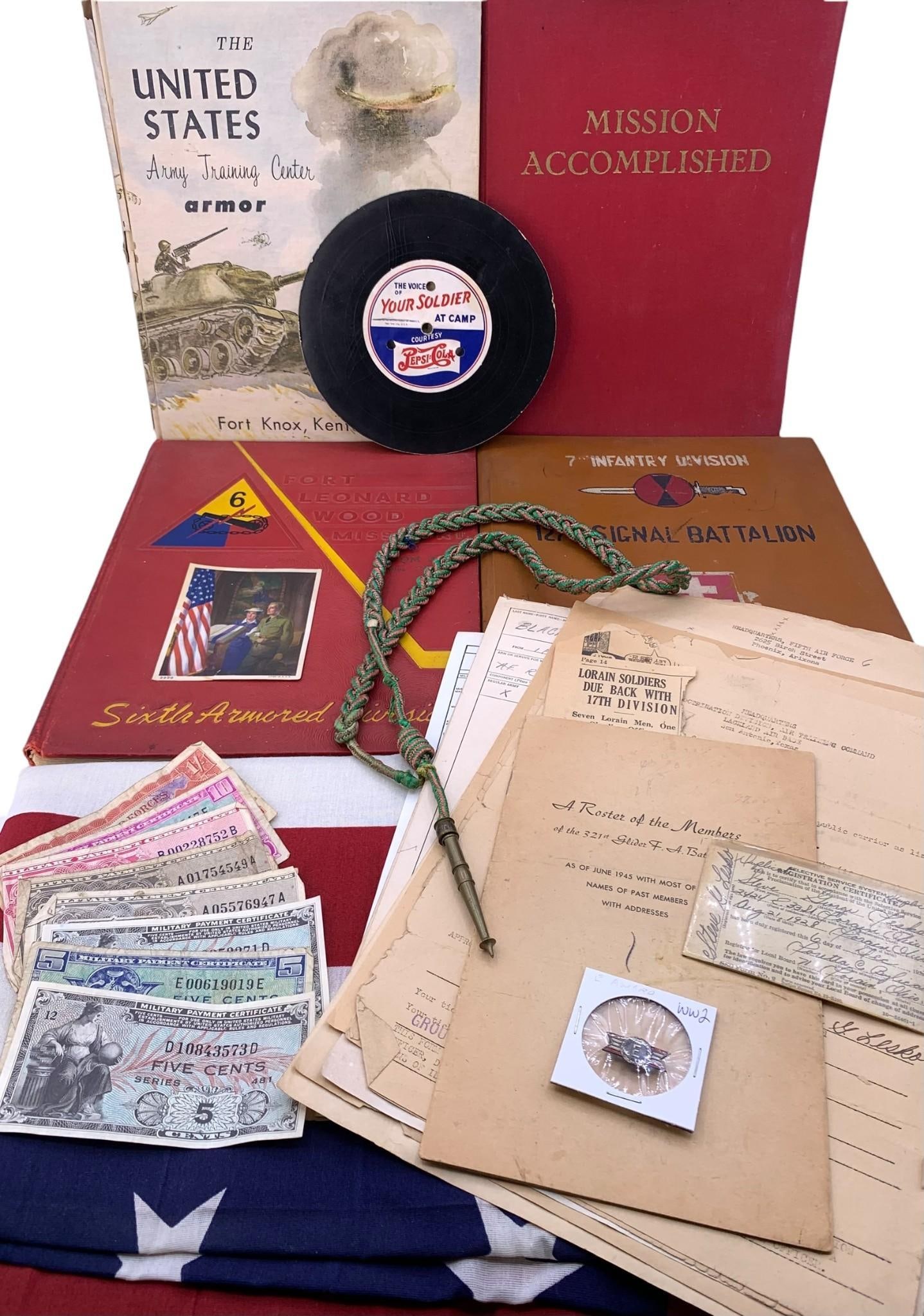 WWII Soldier Ephemera, Books, Military Payment Currency, 321st Glider F A Battalion, 6th Armored Div: * 8 vintage Military payment certificates (US and British)* Pepsi Cola Soldier 45* 1945 roster of the members of the 321st Glider F A Battalion and Mission Accomplished book detailing their time in Wo