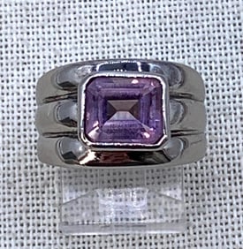 Bold Ribbed Sterling Silver Bezel Set Lavender Amethyst Cigar Band Statement Ring
