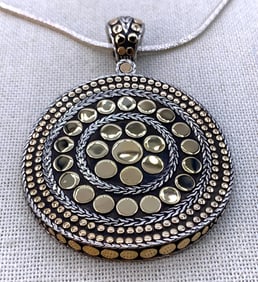 LARGE 18k Gold Sterling Silver John Hardy Oversize Dot Collection Pendant on LONG 925 Italian Chain