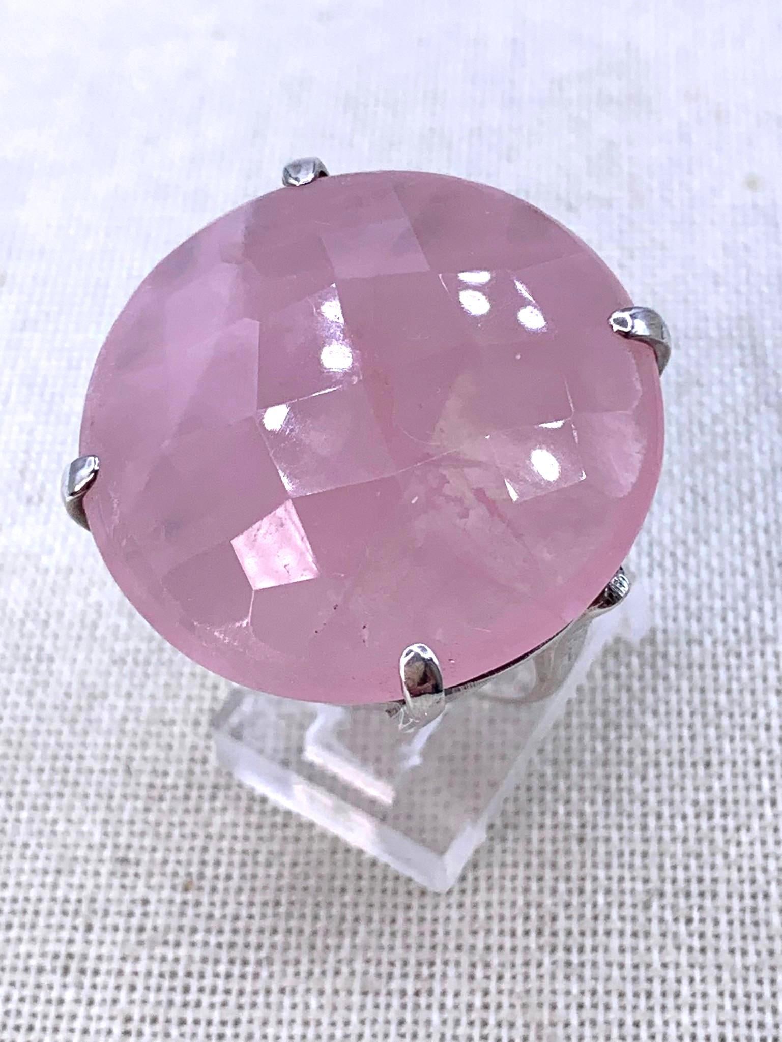 HUGE 28mm Faceted Rose Quartz Sterling Silver Statement Ring: 925 hallmark, 7.75 finger size, Gorgeous prong set 28mm faceted gemstone,1 1/8" across the finger, 5/8" rise from the finger, 17.4 gram weight, outstanding rose pink hue.