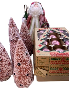 46 Rose Pink Mid Century Mercury Glass Ornaments, Velvet Santa & Bottle Brush Tree Decorations