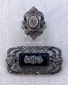 Sterling Silver, Sparkling Marcasite & Onyx Brooch & Dramatic Vintage Ring